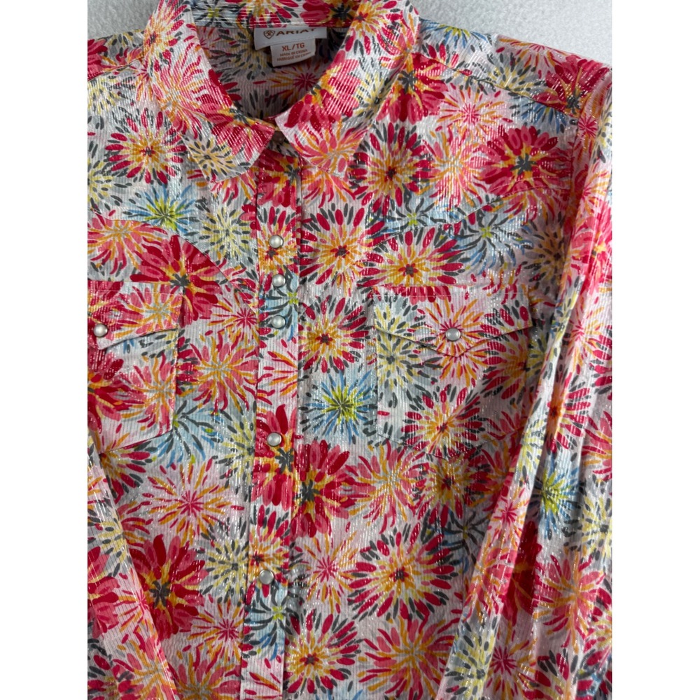 Ariat Womens XL Floral Snap Front Western Shirt Metallic Stripe Long Sleeve - Picture 4 of 11